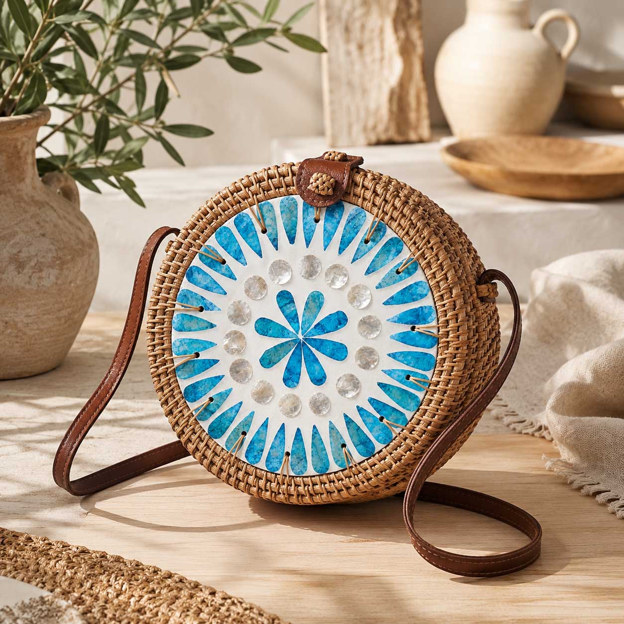 Bolso Redondo de Ratán azul mediterraneo - Zen&chic-4