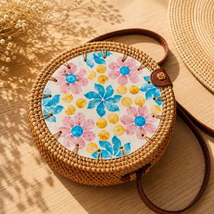 Bolso Redondo de Ratán con Flores de Nácar – Multicolor