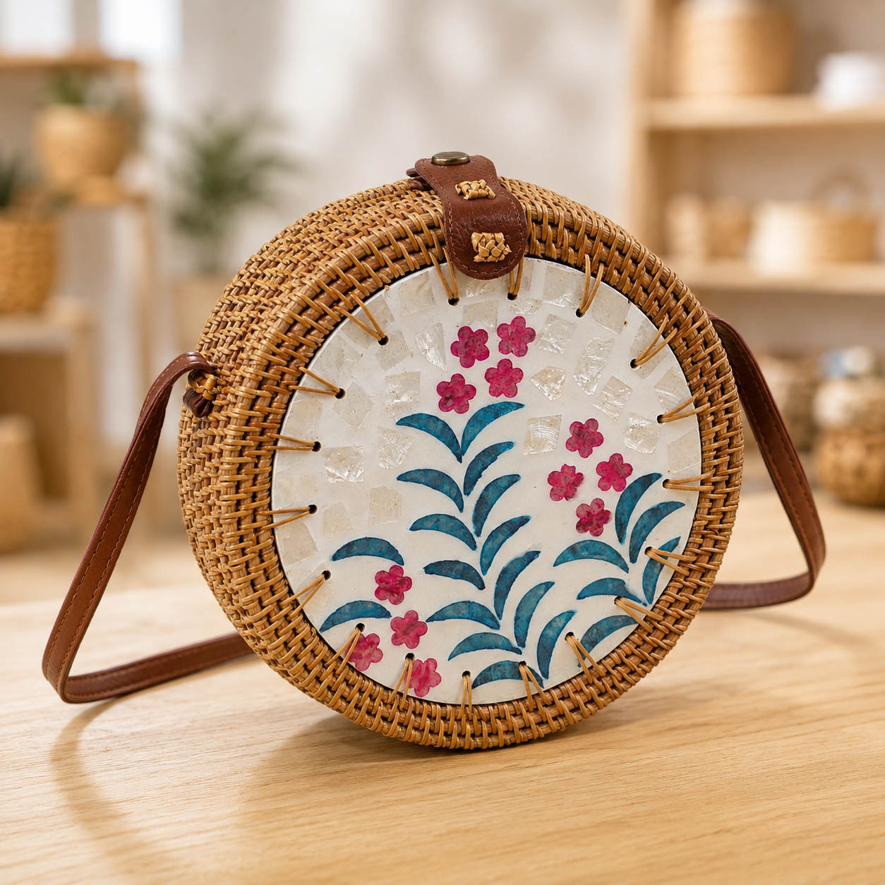 Bolso Redondo de Ratán con Motivo Floral y Nácar - Zen&chic-5