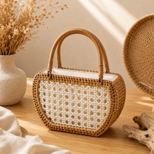 Bolso artesanal de ratán con tejido blanco