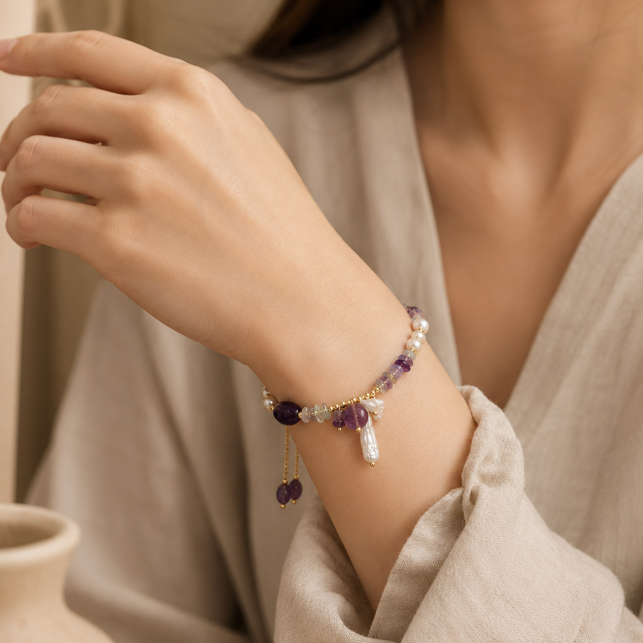 Pulsera ajustable con perlas naturales y piedras violetas - Zen&chic-8