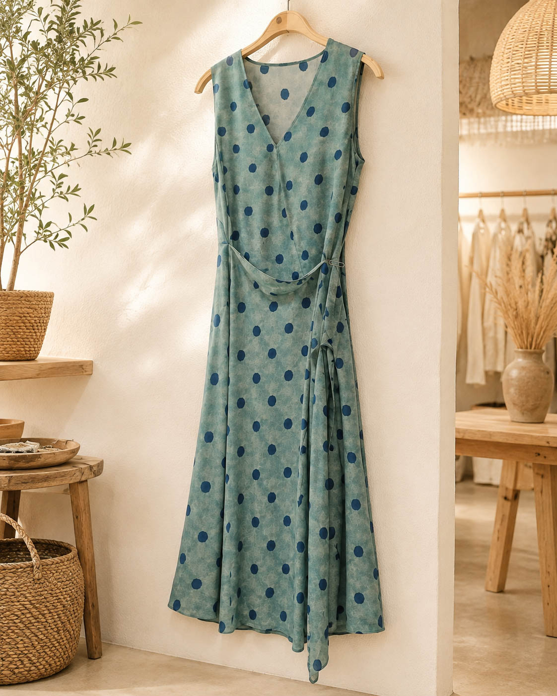 Vestido Verde Agua de Lunares Azul Marino – Corte Cruzado - Zen&chic-4