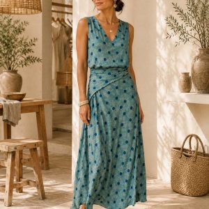Vestido Verde Agua de Lunares Azul Marino – Seda y Poliéster