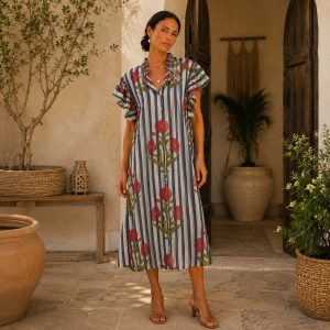 Vestido camisero largo de rayas con flores