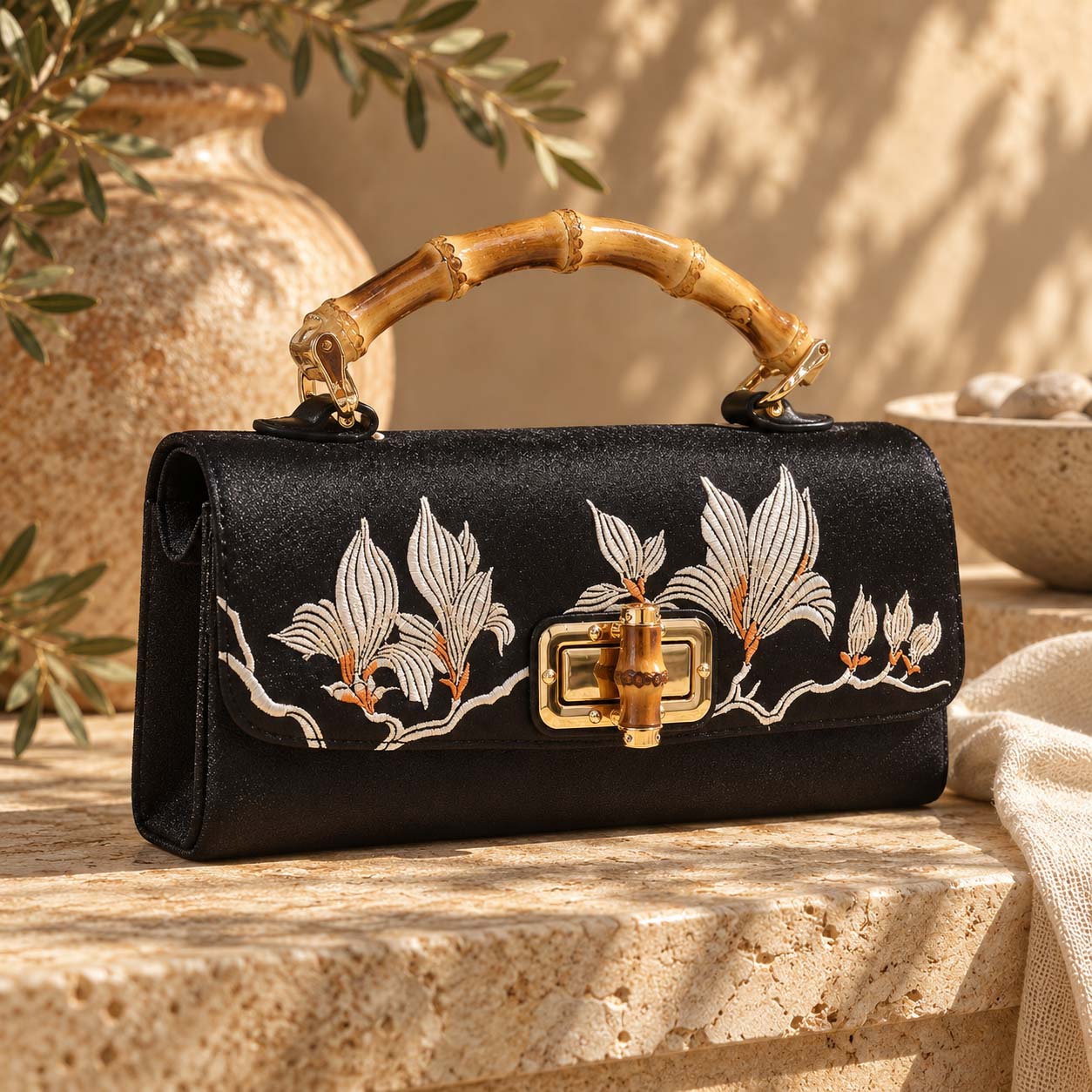 Bolso Magnolia Negro con Asa de Bambú- Zen&chic_-7