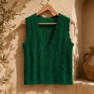 Chaleco verde de punto calado con botones – Esmeralda