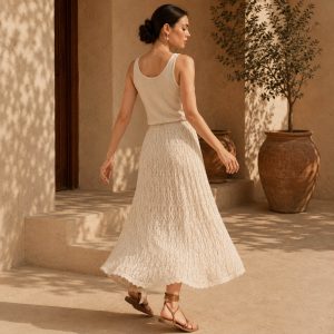 Falda larga cruda de punto calado – Marfil